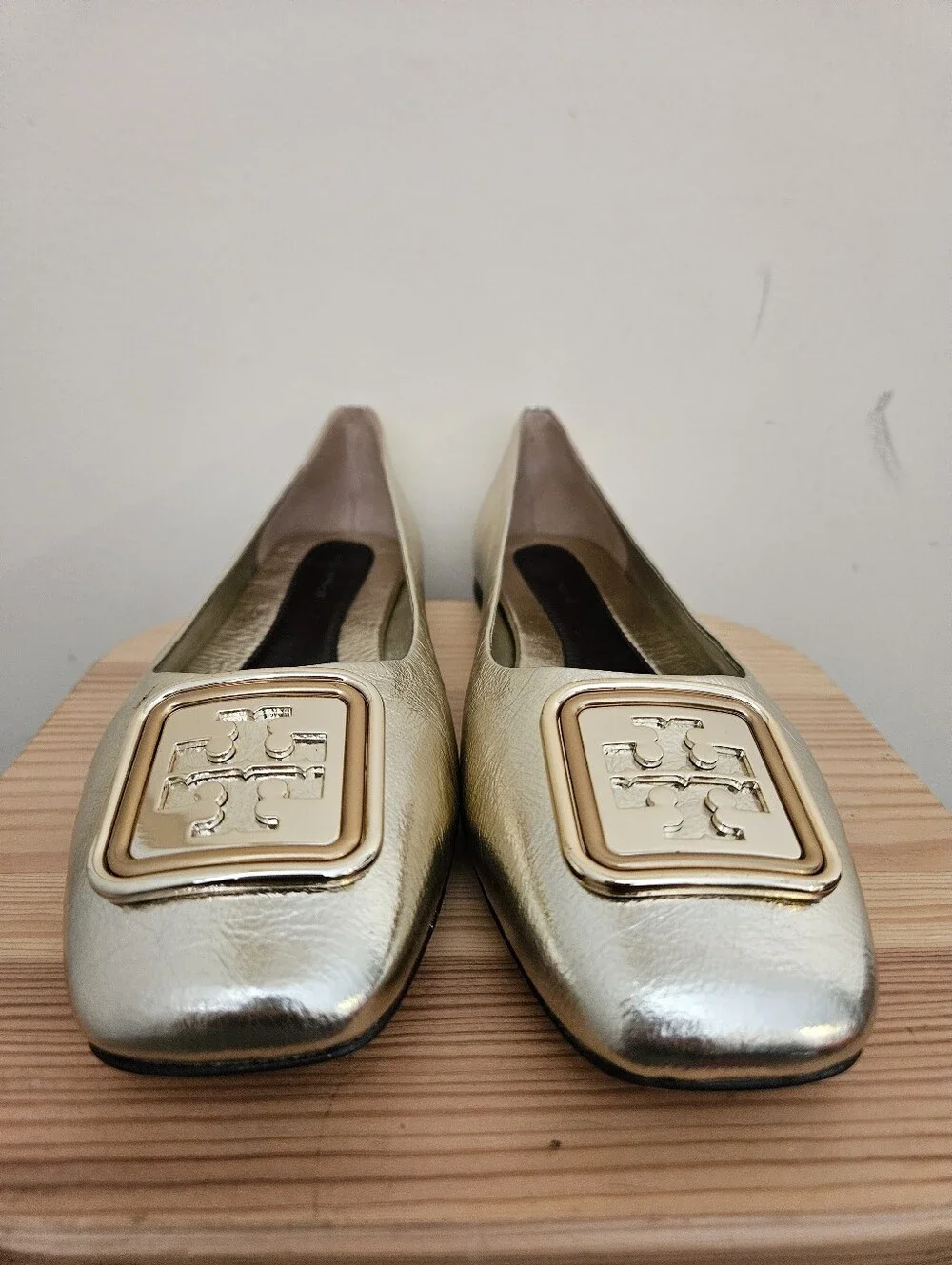 Tory Burch Metallic Gold Square-Toe Flats with Logo Plaque, Size 9